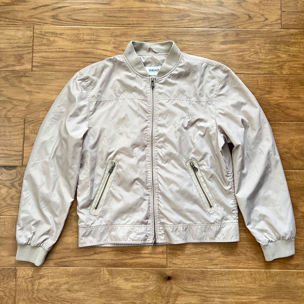Versace Collection Beige Bomber Jacket Leather Trim Full Zip Men’s IT 52 L XL